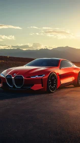 Aerodynamic red coupé renders with high-gloss shaders at sunset