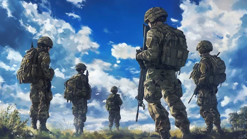 Infantry squad under cumuliform sky in tactical dispersal formation.