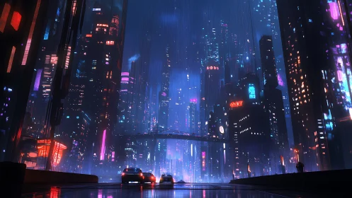 Neon-drenched cyberpunk megacity in heavy volumetric rain