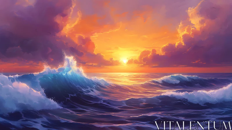 Sunset light intersects mid-ocean waves under dense clouds