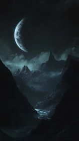 Moonlit alien ravine under silent turquoise night skies.