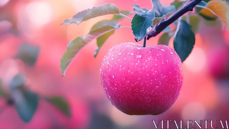 Macro study of dew-laden pink apple under shallow depth field.