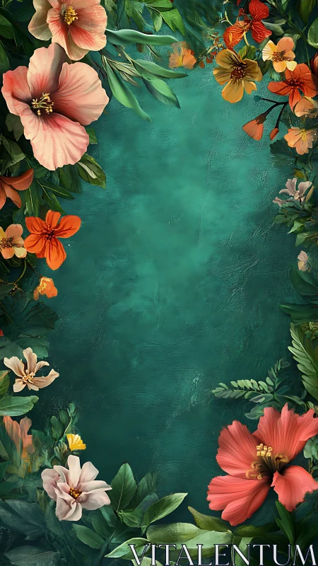 Colorful flowers arranged on textured teal background surface.