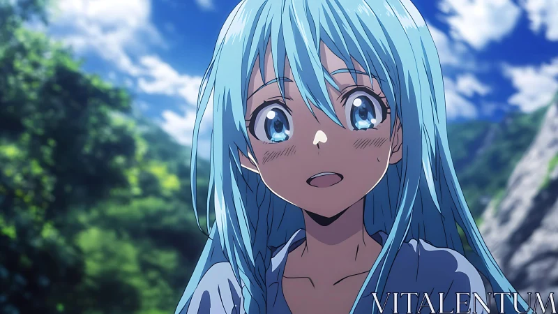 Blue haired anime girl gazes upward under bright sky