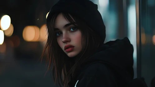 Young woman in dark hoodie leans on glass in city night