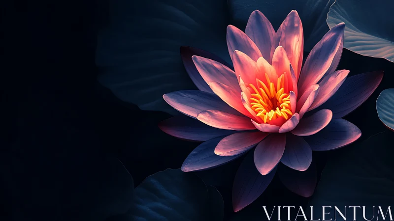 Pink water lily bloom on dark aquatic foliage background.