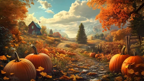 High-detail autumn farm path with pumpkins and volumetric sky lighting