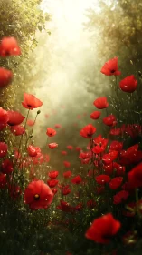 Vibrant Red Poppies Blooming in Golden Sunlight.