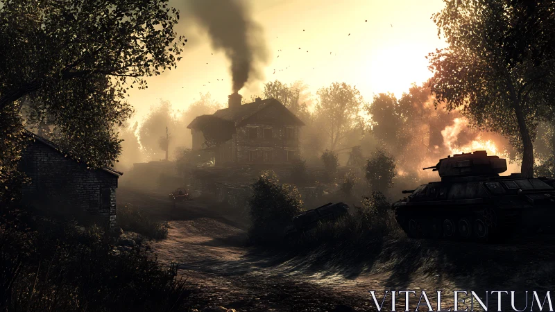 Photorealistic wartime village under blazing sunset bombardment.