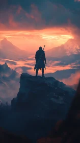 Lone swordbearer overlooks burning mistbound valley at dawn