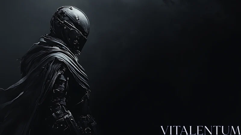 Shadowed sci fi wanderer wrapped in mystery and metal.