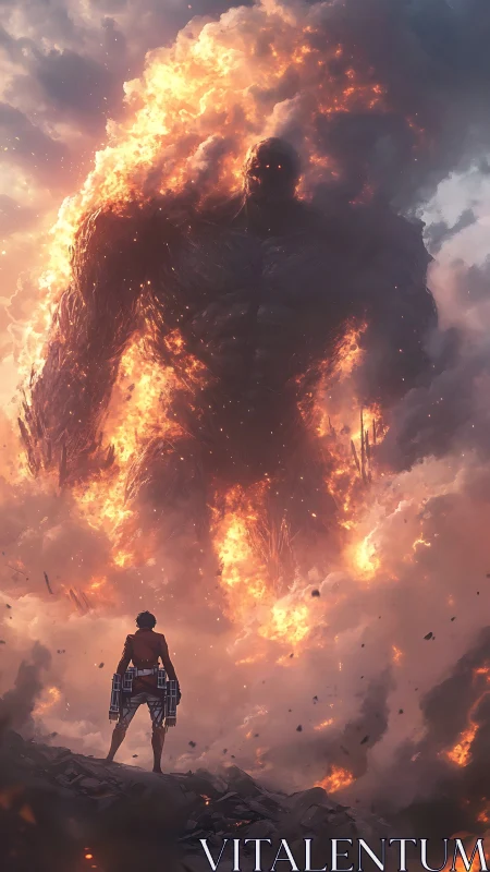 Humanoid figure confronts large flaming giant in smoke-filled scene.