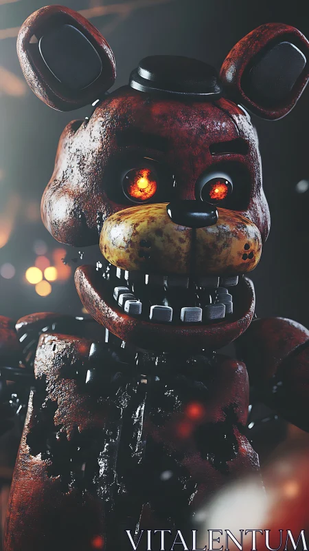 Damaged animatronic bear with glowing eyes in darkness.