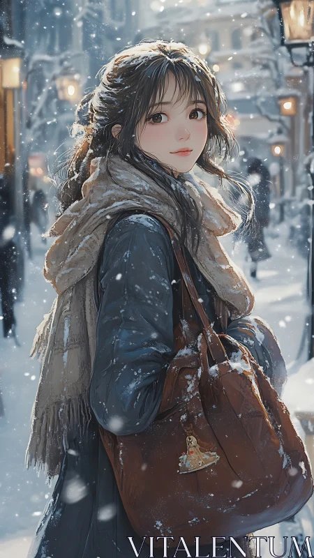 Snowlit city stroll with scarf-wrapped daydreamer girl.