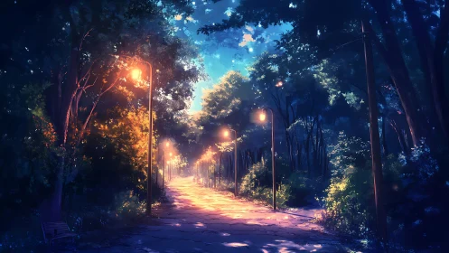 Lamplit forest path at twilight with glowing foliage.