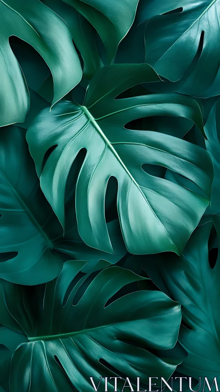 Monstera leaves overlap in lush emerald tropical pattern.