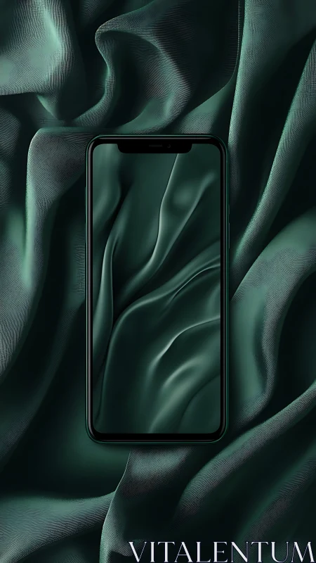 Silken shadows swallow the smartphone in mirrored emerald folds