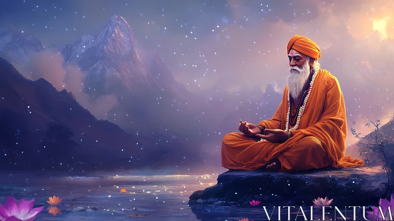 Elderly monk in orange robes meditating beside mountain lake.