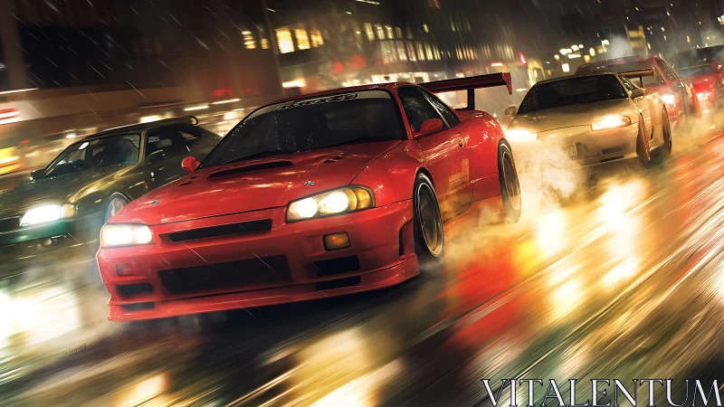 Red tuner car leads neon‑lit night street race in heavy rain