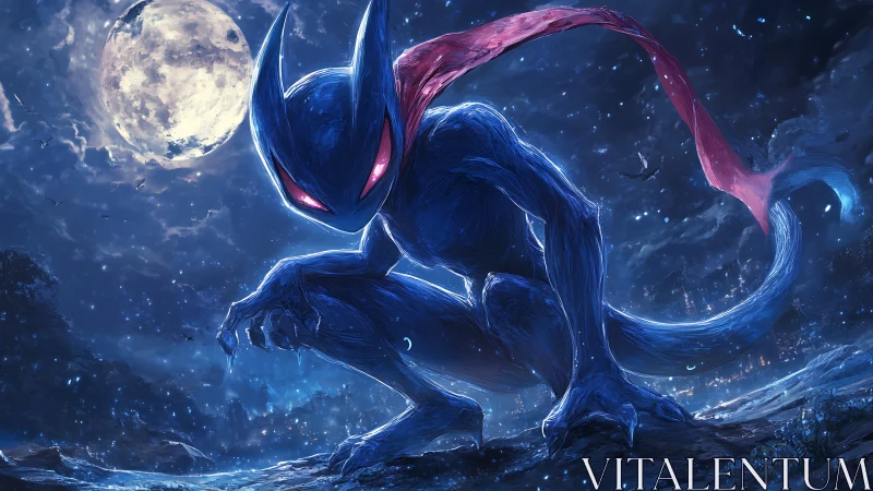 Nocturnal blue creature crouches beneath luminous full moon.