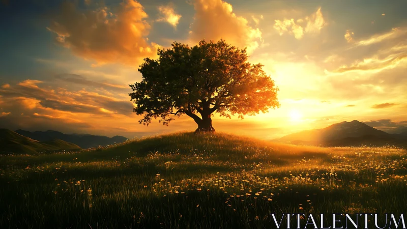 Solitary hilltop tree quietly drinks the last molten sunlight