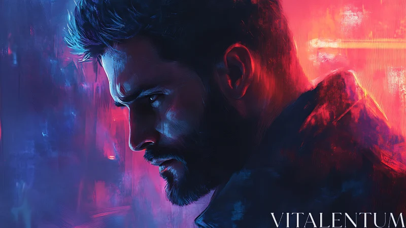 Moody male profile in neon blue and red lighting portrait.
