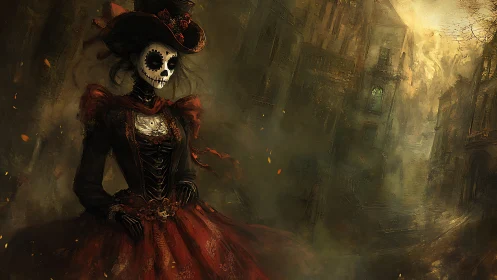 Calavera noblewoman in crimson dress within misty baroque street.