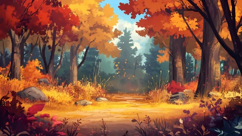 Autumnal Forest Clearing: Digital Landscape with Transitional Canopy.