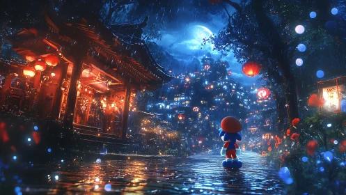 Lantern-lit rainway where a tiny hero meets a moonlit city.
