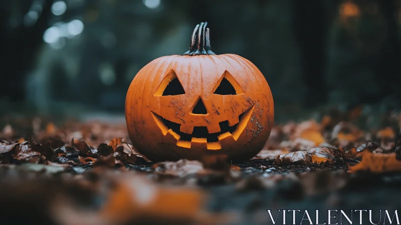 Carved jack o lantern on leaf covered forest path.