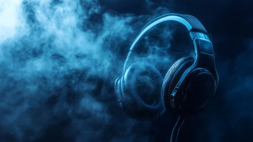 Gaming headphones glowing in blue smoke on dark background.