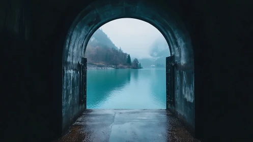 Tunnel opening onto calm turquoise lake and hills.