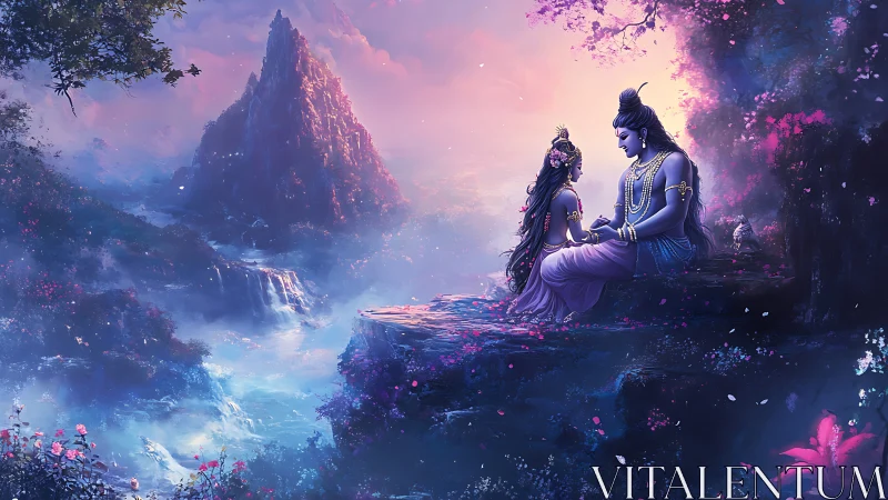 Divine couple share a serene moment above misty waterfalls.