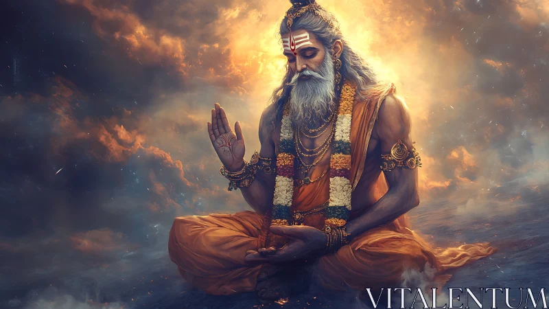 Seated robed figure meditates amid diffuse clouded light