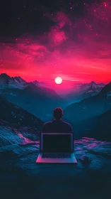 Solitary figure watches neon sunset beyond open laptop