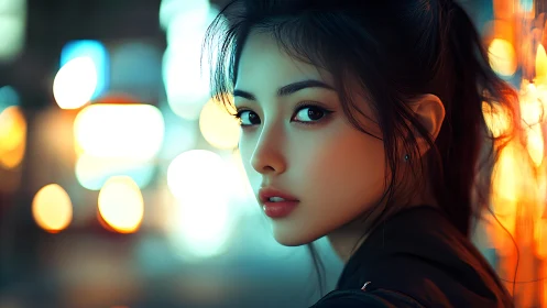 Neon night portrait captures intense gaze in blurred city lights