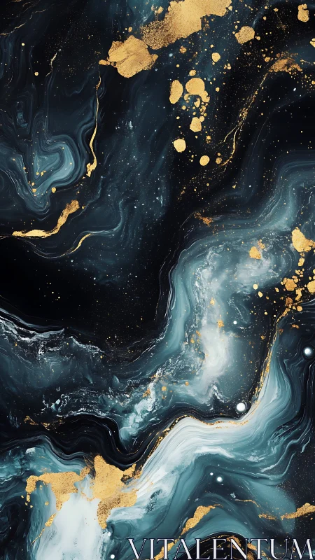 Dark swirling abstract marble with bold gold accents.