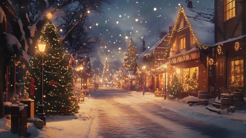Snowy Christmas village street glows with warm holiday lights