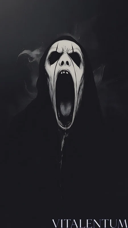 Hooded skeletal figure with elongated open mouth in dark void.