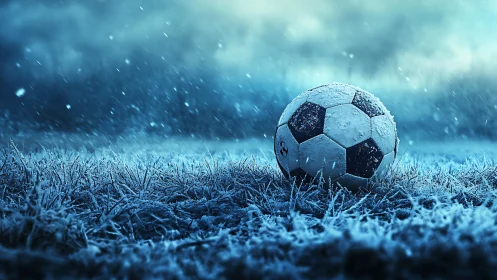 Soccer ball on frosted grass under falling winter snow.