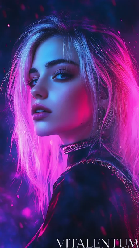 Neon-lit cyber portrait captures a luminous, enigmatic gaze.