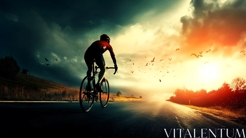 Solitary Cyclist Navigating Rural Asphalt Infrastructure at Golden Hour.