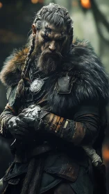 Battle-scarred viking warrior in fur and leather armor.