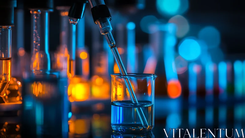 Glow-lit lab beakers and pipette in a cozy science nightscape.