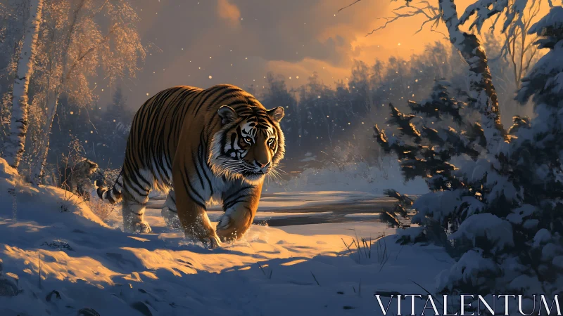 Winter dusk stroll with a quietly determined tiger.