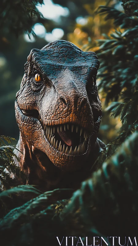 Predatory theropod head emerging from dense Cretaceous foliage.
