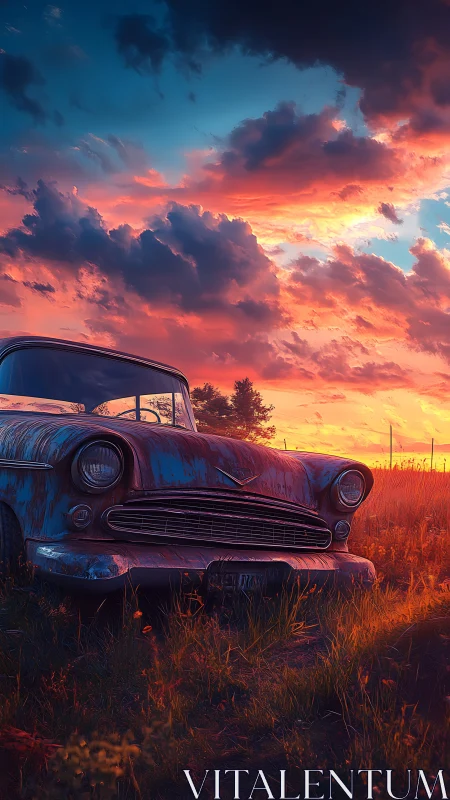 Abandoned vintage car in sunset field under vivid clouds.
