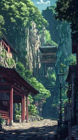 Sunlit mountain shrine street beneath towering cliffs.