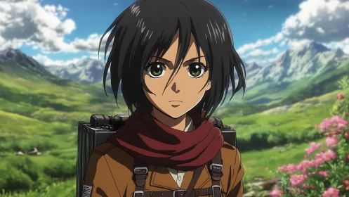 Anime soldier portrait against expansive alpine valley landscape