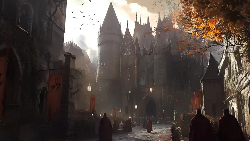 Gothic fortress courtyard renders cinematic autumn procession